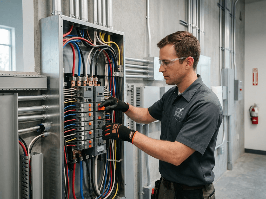 Eletricista trabalhando em quadro de distribuição